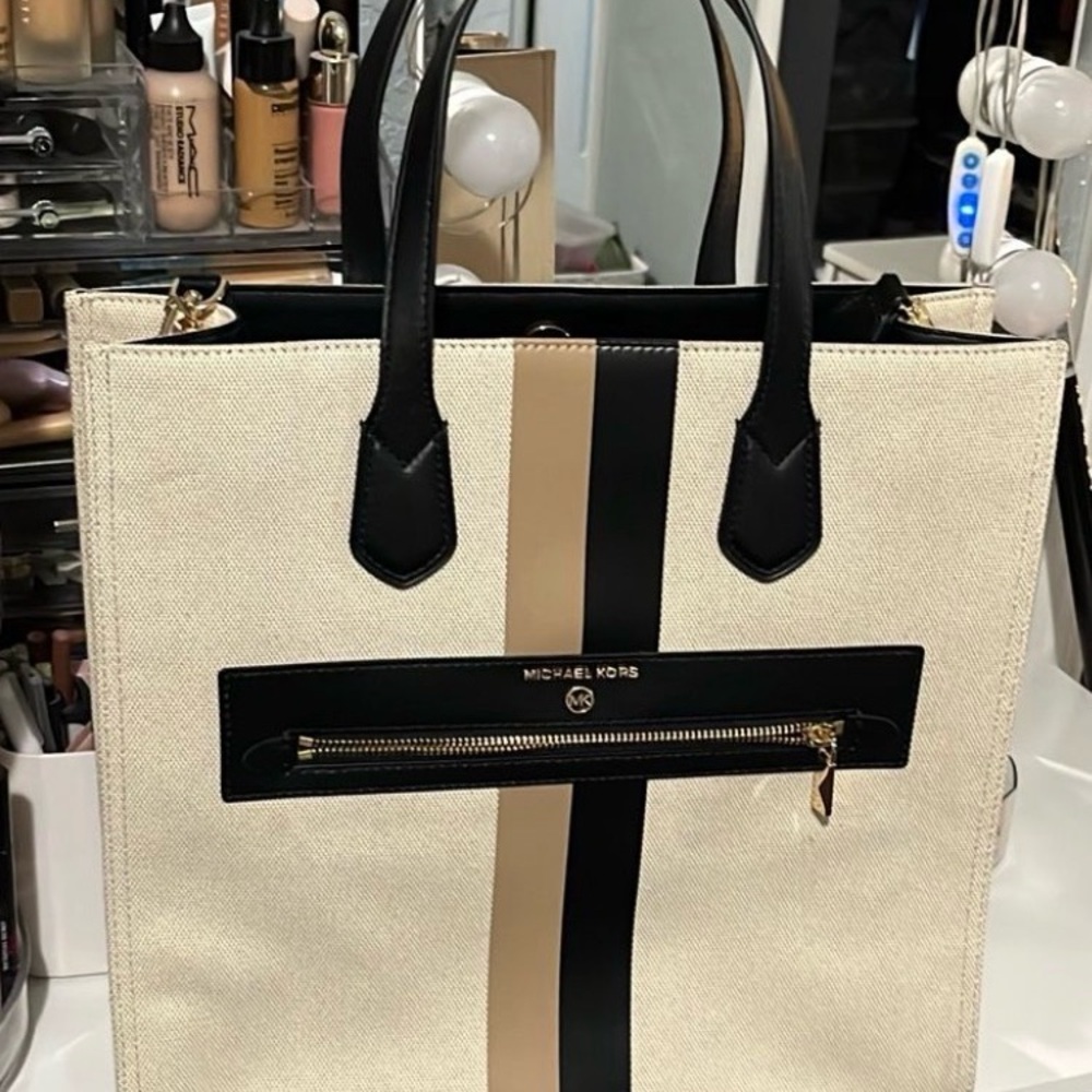 Michael Kors Black and Tan Stripe Tote